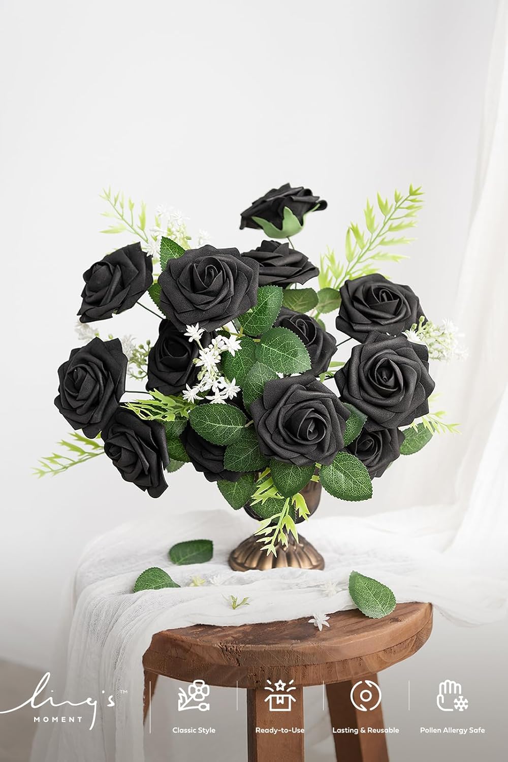 Ling's moment Artificial Flowers 50Pcs Black Roses Decor w/Stems