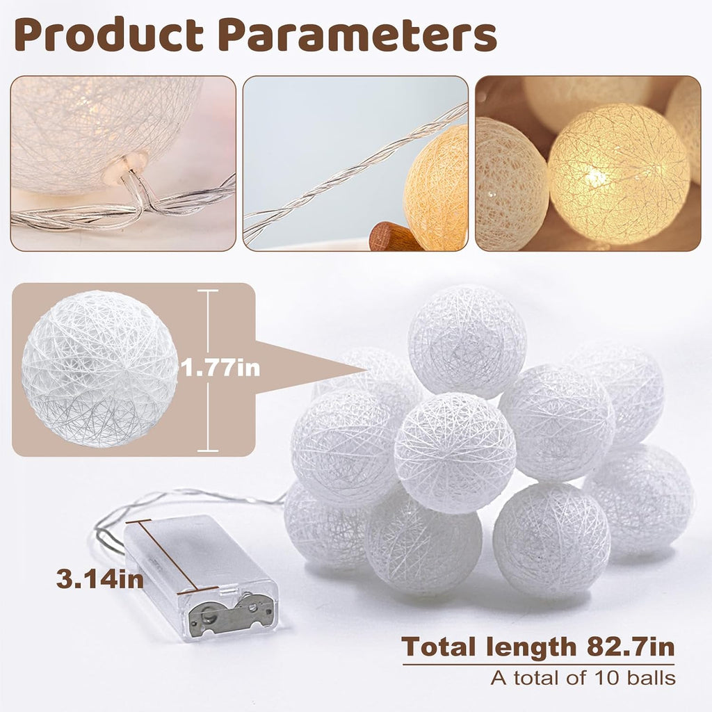 Anordsem Battery String Light Indoor: 6.88Ft/10 LED Cotton Ball Lanterns 2 Pack - Fairy Cozy Lighting Hanging Deco for Room Bedroom Party - Birthday Gifts for Babies Students Adults