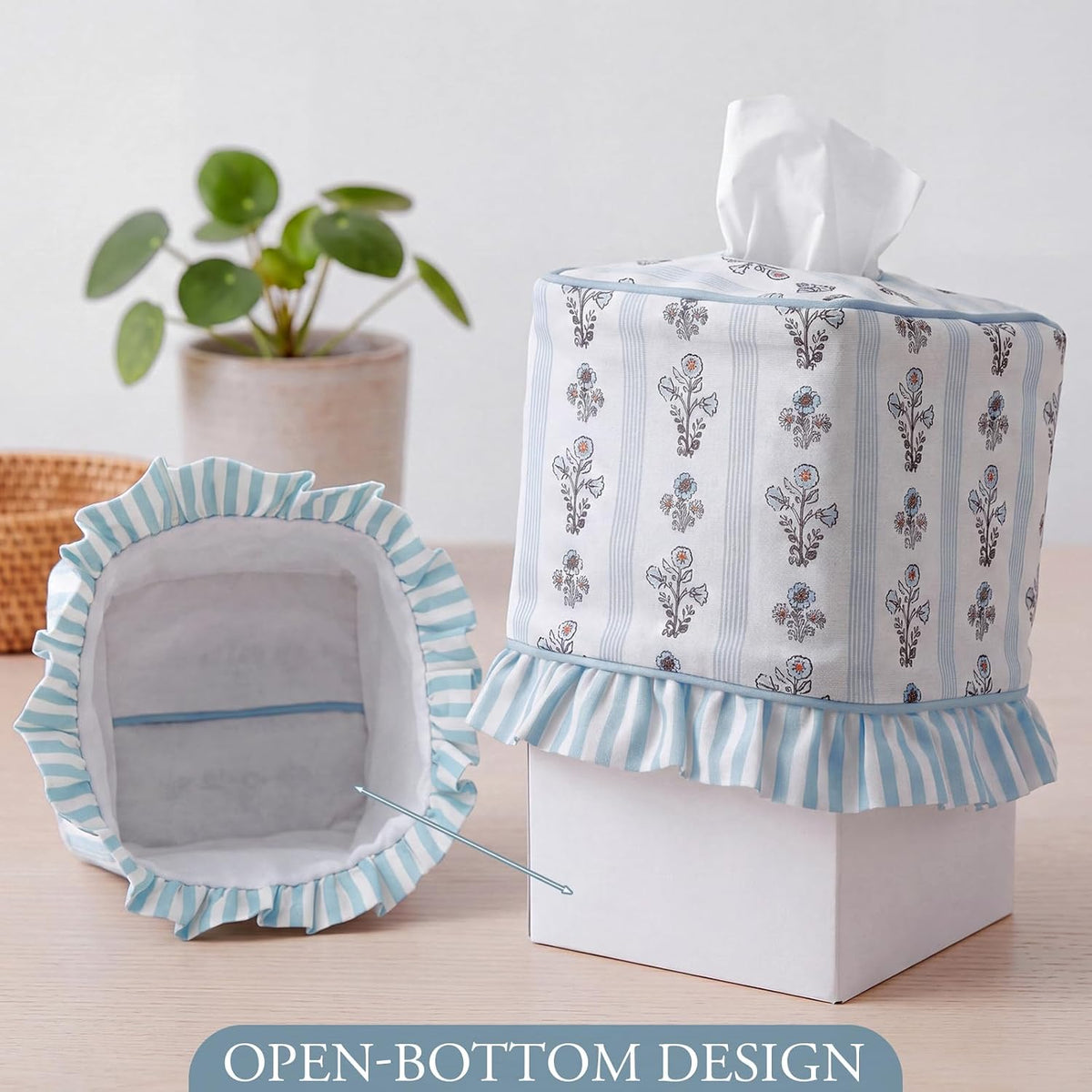 Grandmillennial Floral Ruffle Tissue Box Cover Block Printed