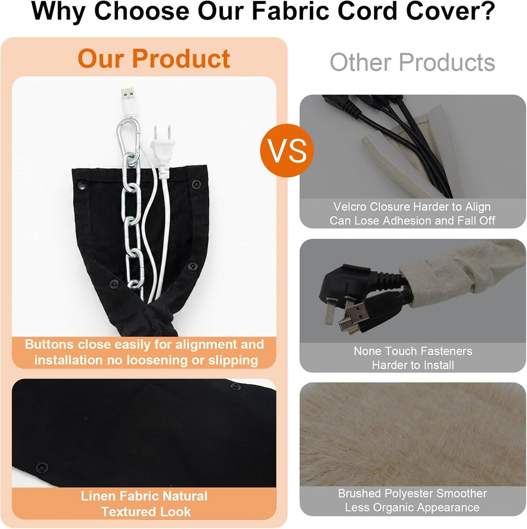 Black Farmhouse Cord Hider, TV Cord Cover and Cable Sleeve, 2 Pack 70.8 in with Button Snap Closure for Lamp Cord