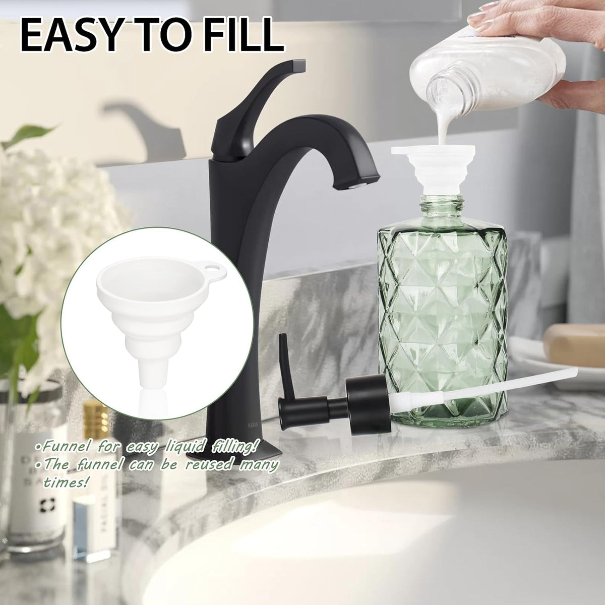 Green Glass Soap Dispenser Set for Bathroom, 11oz. Glass Soap Bottles with Plastic Pump, Kitchen Dish Soap Dispenser Set, Hand-Pump Dispenser for Shampoo, Lotion, Essential Oil (4Pcs)