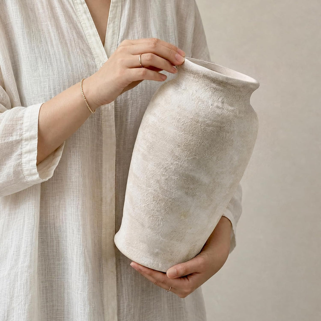 DomeStar Tall Ceramic Flower Vase, 11 Inch Wabi-Sabi Stone Texture, Beige