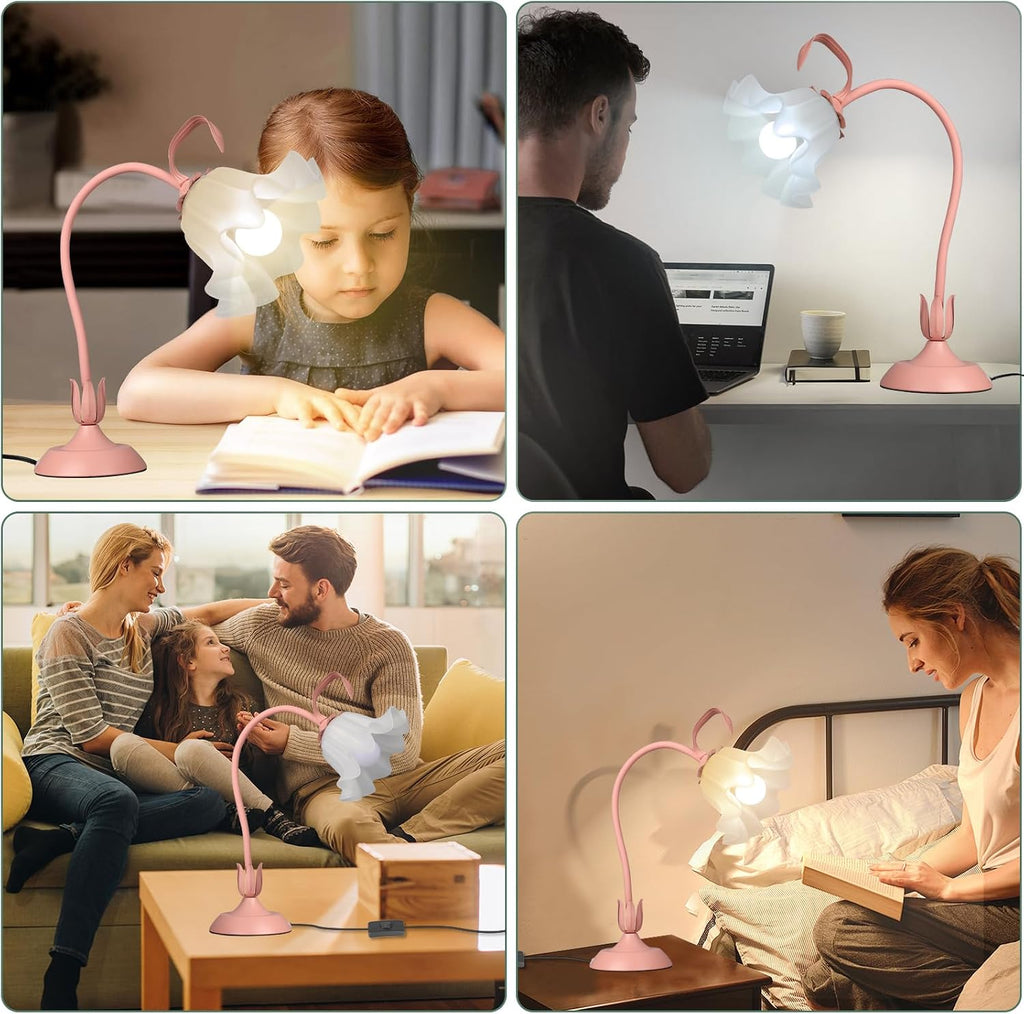 Flower Desk Lamp, LED Reading Light Flower Table Lamp, 3 Colors Flower Lamp for Girls Bedroom, Adjustable Flexible Nightstand Lamps, Bedside Table Lamp for Bedroom, Living Room, Home Decor (Pink)