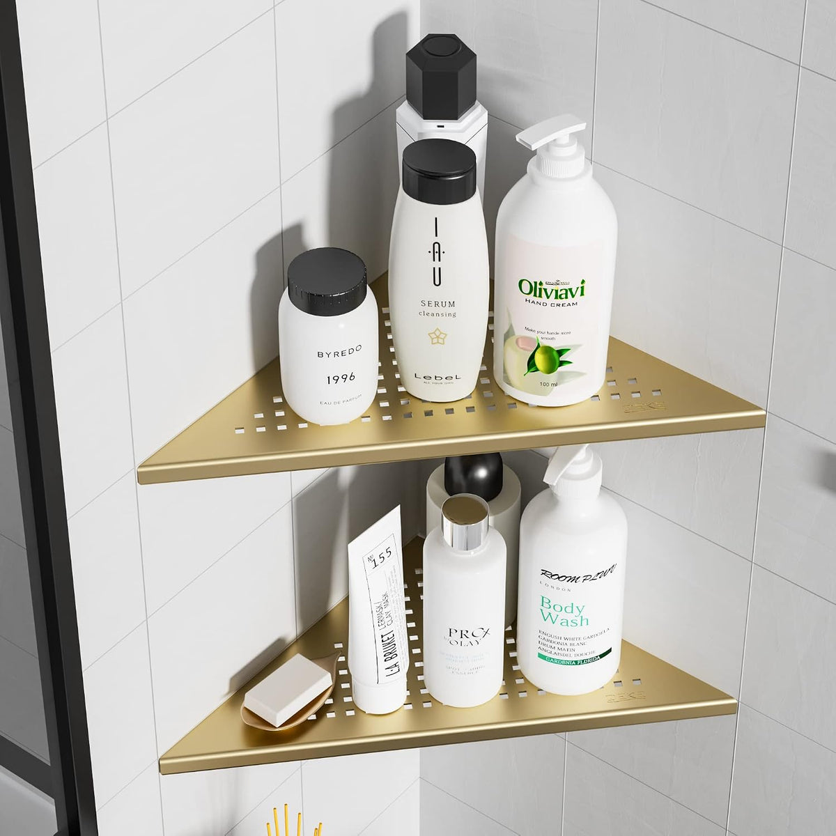 Qeke Corner Shower Shelves, 10” Recessed Tile Shower Shelf Golden, 2 Pack