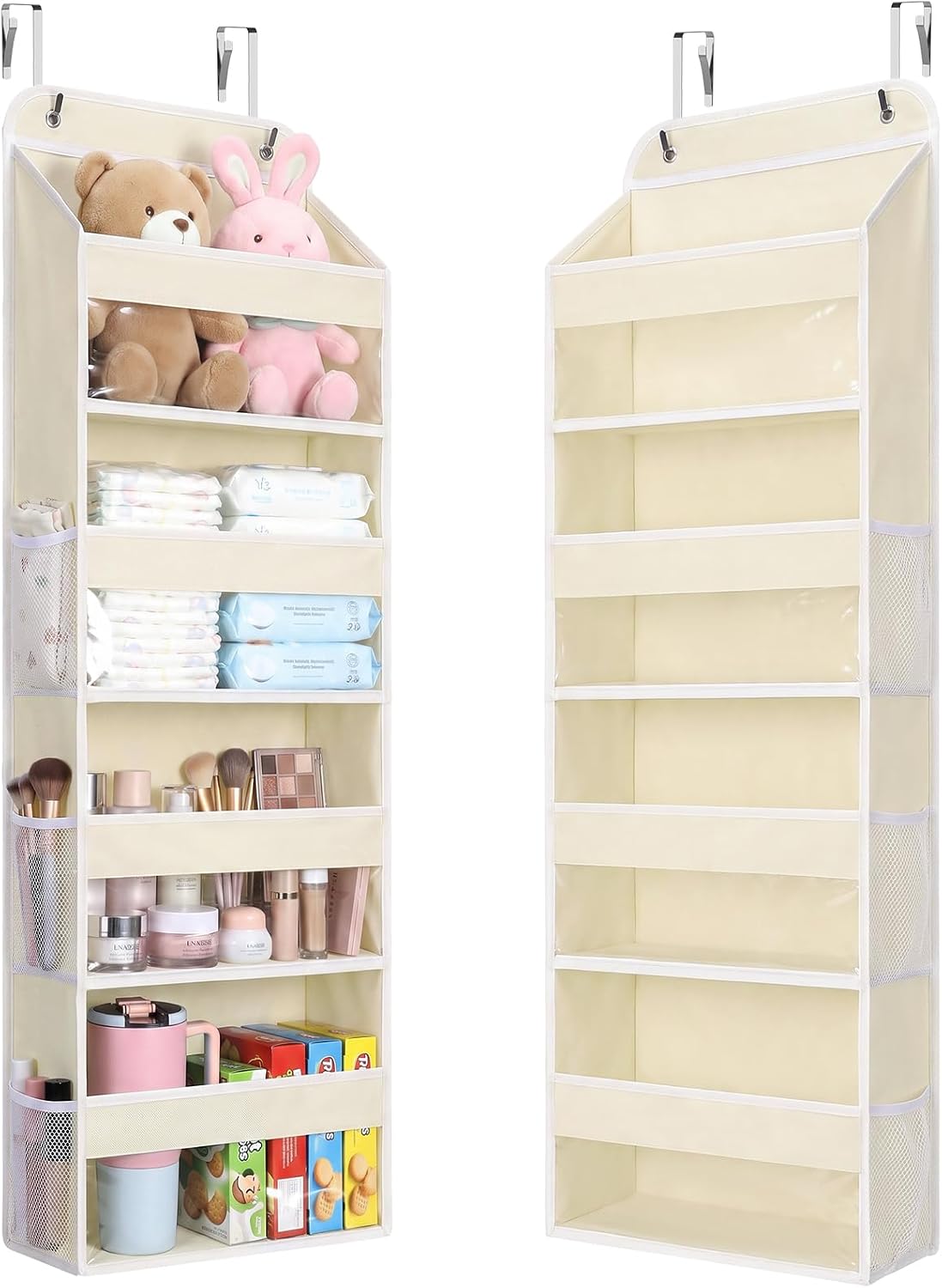 LAMU Over the Door Organizer, Large Capacity Behind the Door Storage with Clear PVC Windows, Back to School Supplies, Stuffed Animal Storage for Dorm Closet Nursery Bathroom Pantry, 4 Tier Cream White