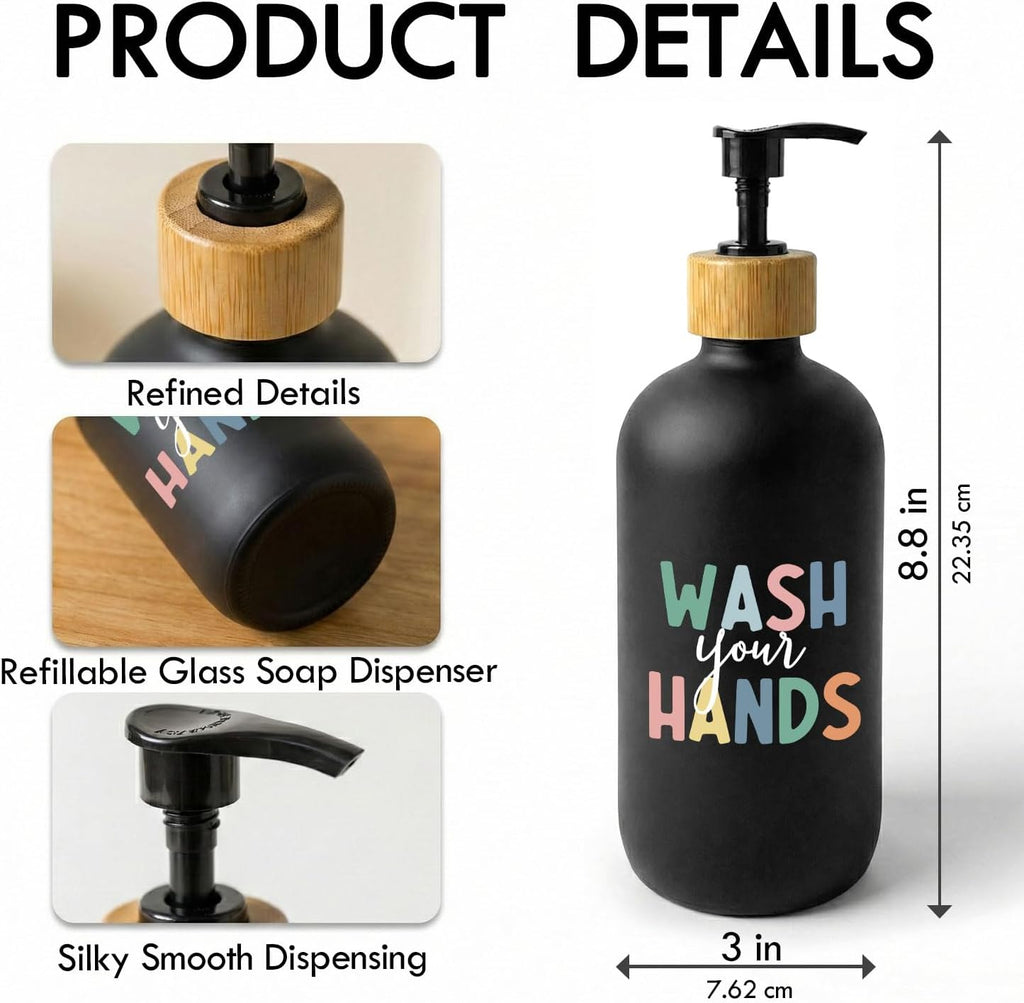 Kids Bathroom Boho Soap Dispenser, Wash Your Hands Bathroom Countertop Hand Soap Dispenser with Pump, Colorful Toddler Decor Handsoap Refillable Glass Pump Bottle Container (Black)