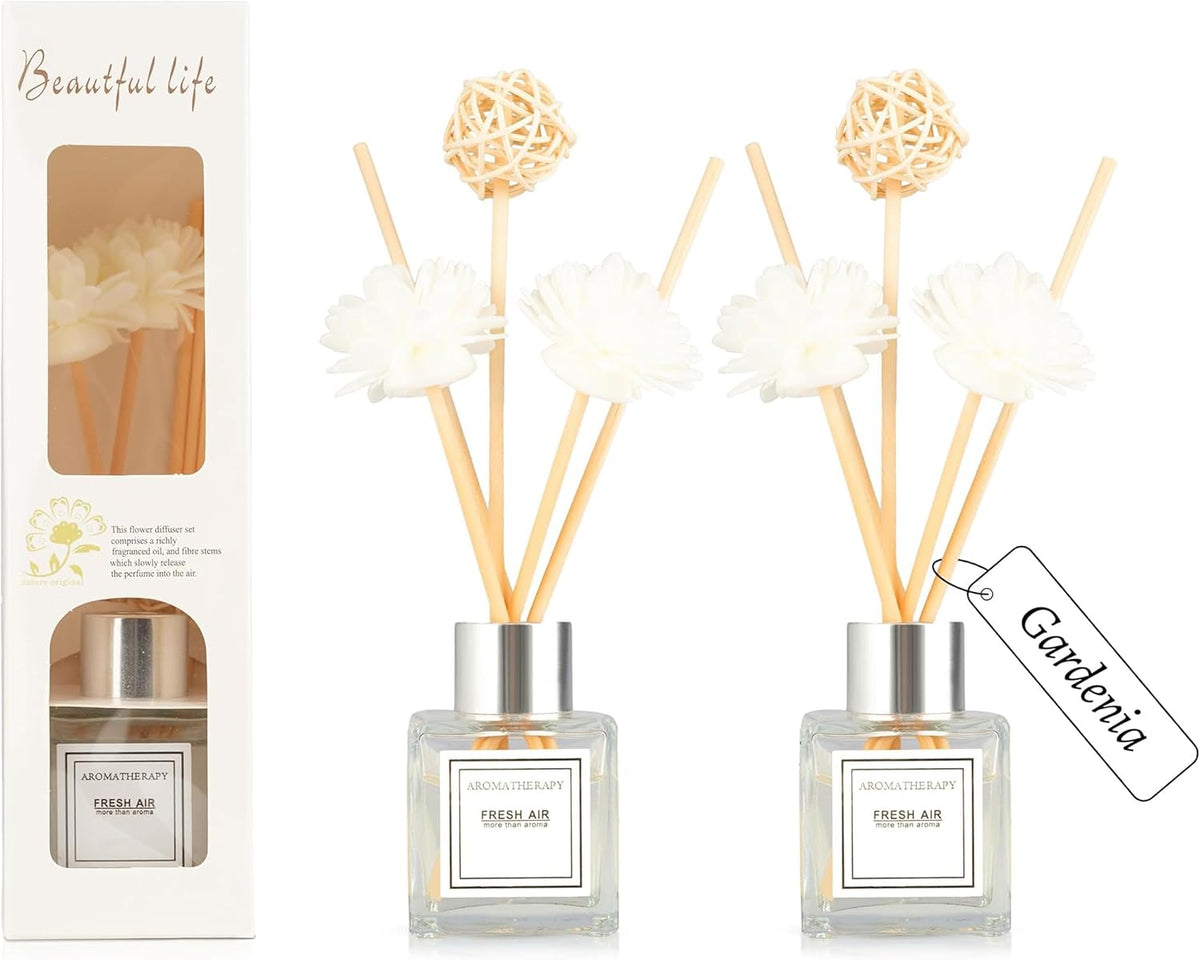 2PCS Reed Diffuser Set, 1.7 oz Scent Diffuser with Sticks, Gardenia Scent