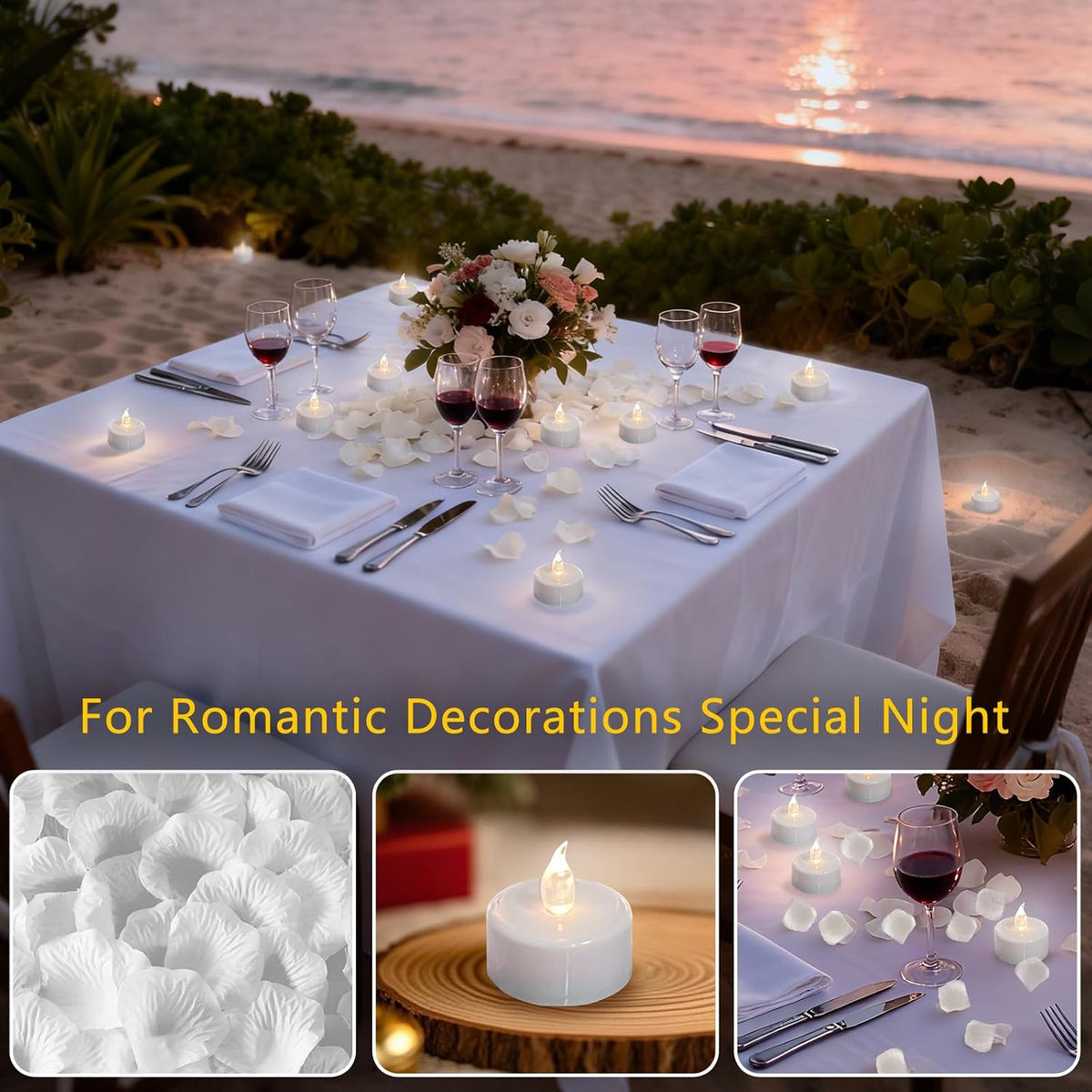500Pcs Rose Petals with 12LED Tea Lights Candles Set, Artificial White Rose Petals and Flameless Candles Set for Anniversary, Valentine's Day, Birthday,Wedding Romantic Night Decor