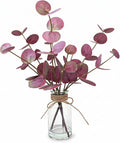 Artificial Eucalyptus Stems in Glass Vase with Faux Water,13.5" Fake Plants for Bathroom Shelf Decor, Farmhouse Centerpieces for Tables, Small Desk Plants for Home Office Decor (Purple)