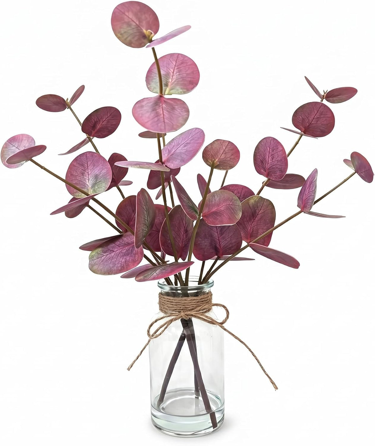 Artificial Eucalyptus Stems in Glass Vase with Faux Water,13.5" Fake Plants for Bathroom Shelf Decor, Farmhouse Centerpieces for Tables, Small Desk Plants for Home Office Decor (Purple)