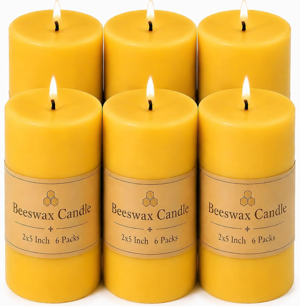 Beeswax Pillar Candles 6 Pack, 2x5 Inch Unscented Bee Wax