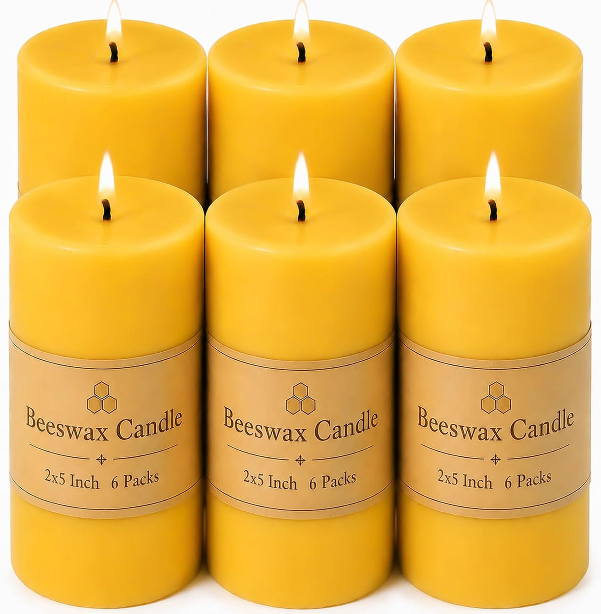 Beeswax Pillar Candles 6 Pack, 2x5 Inch Unscented Bee Wax