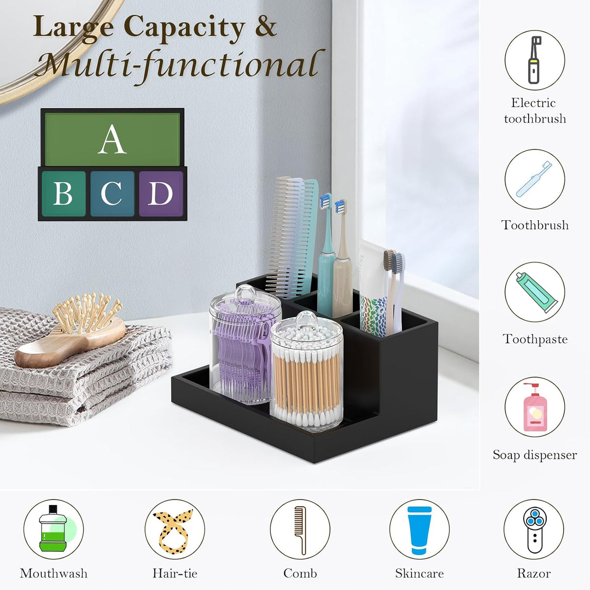 Toothbrush Holder for Bathroom with 2PCS Qtip Holder Dispenser, 3 Slot Bathroom Accessories Holder Floss Cotton Swab Holder Bathroom Vanity Tray for Oral Care Comestic Organizer Counter Storage, Black