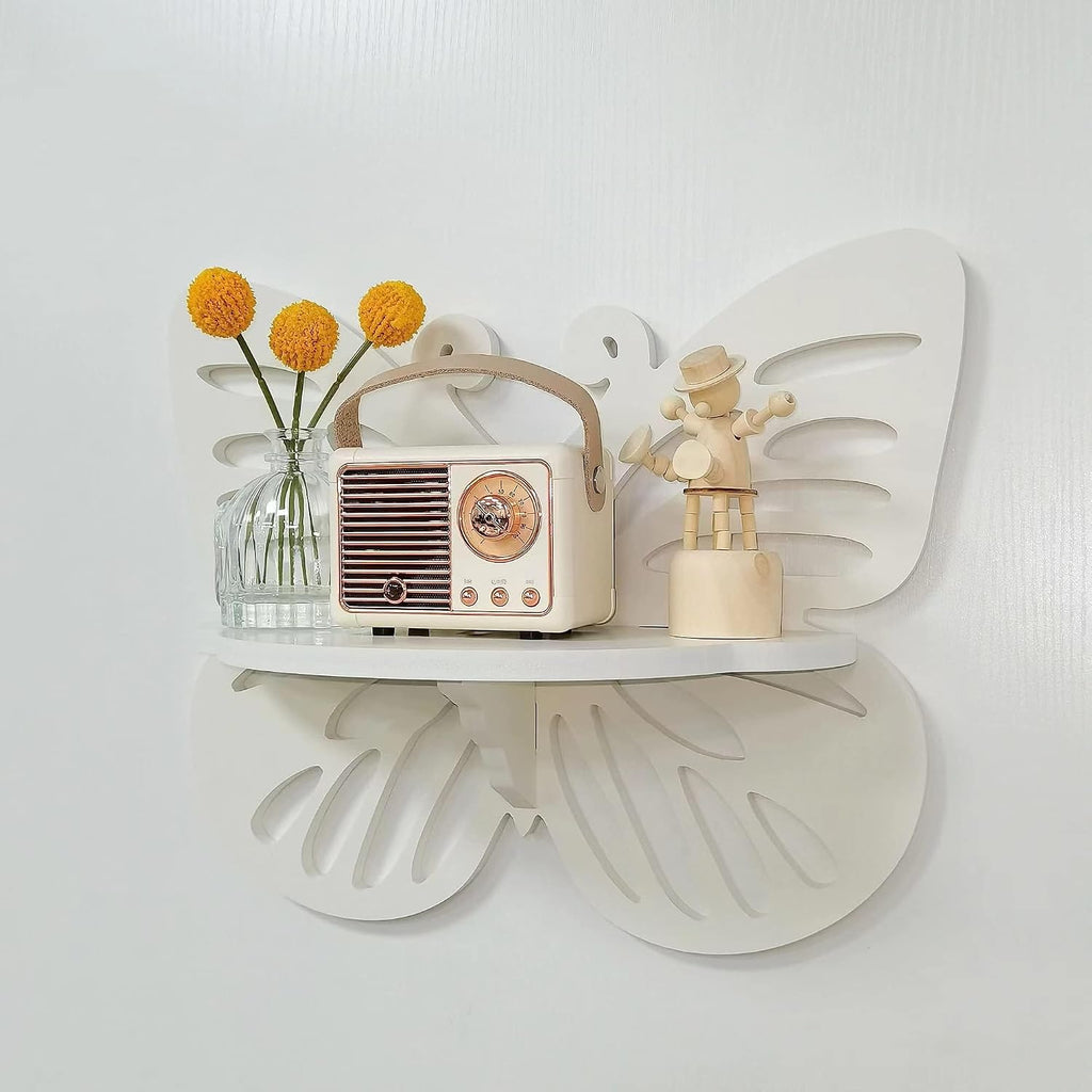 Butterfly Shaped Nursery Wall Deor Floating Shelf, Cute Wall Display Rack for Kid’s Room, Small Decorative Shelf Wall Mounted, White Hanging Wall Shelf for Toys, Plants and Decorations Storage, White