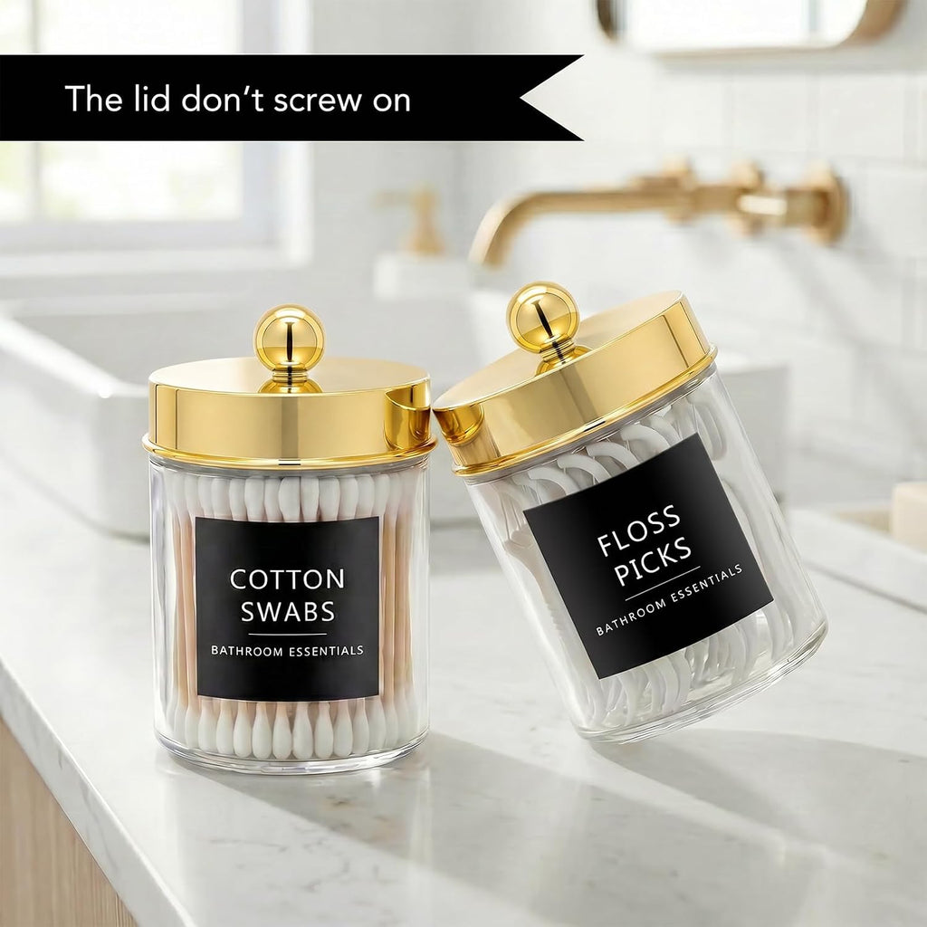 Amolliar Glass Apothecary Jars Qtip Holder w/Plastic Lids,Gold 2pc