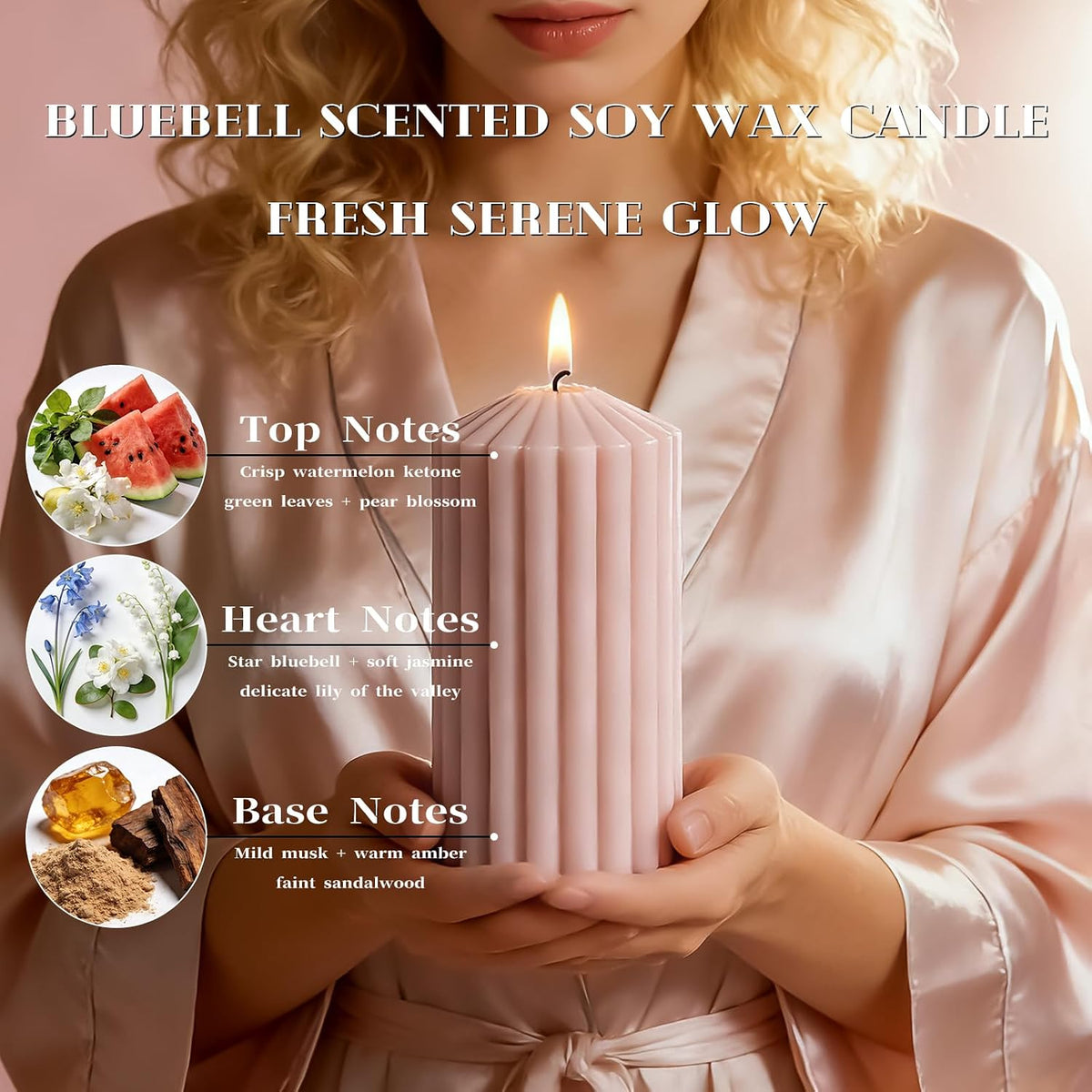 Ribbed Decorative Scented Pillar Candles, 3 Pack,2.8 x 4/6/8 Inch, Pink