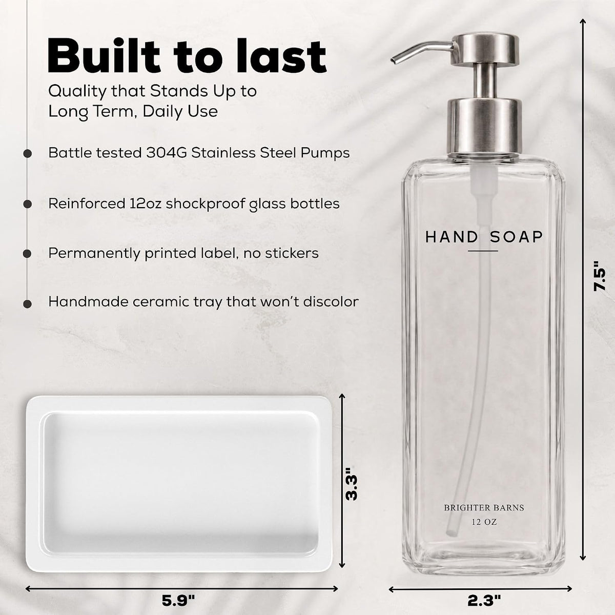 Glass Hand and Dish Soap Dispenser Set by Brighter Barns - 12oz Modern Kitchen Soap Dispenser, Stainless Steel Pump - Minimalist Home Decor for Hotel, Restaurant, Vacation Rental, Gifts (Clear/Silver)