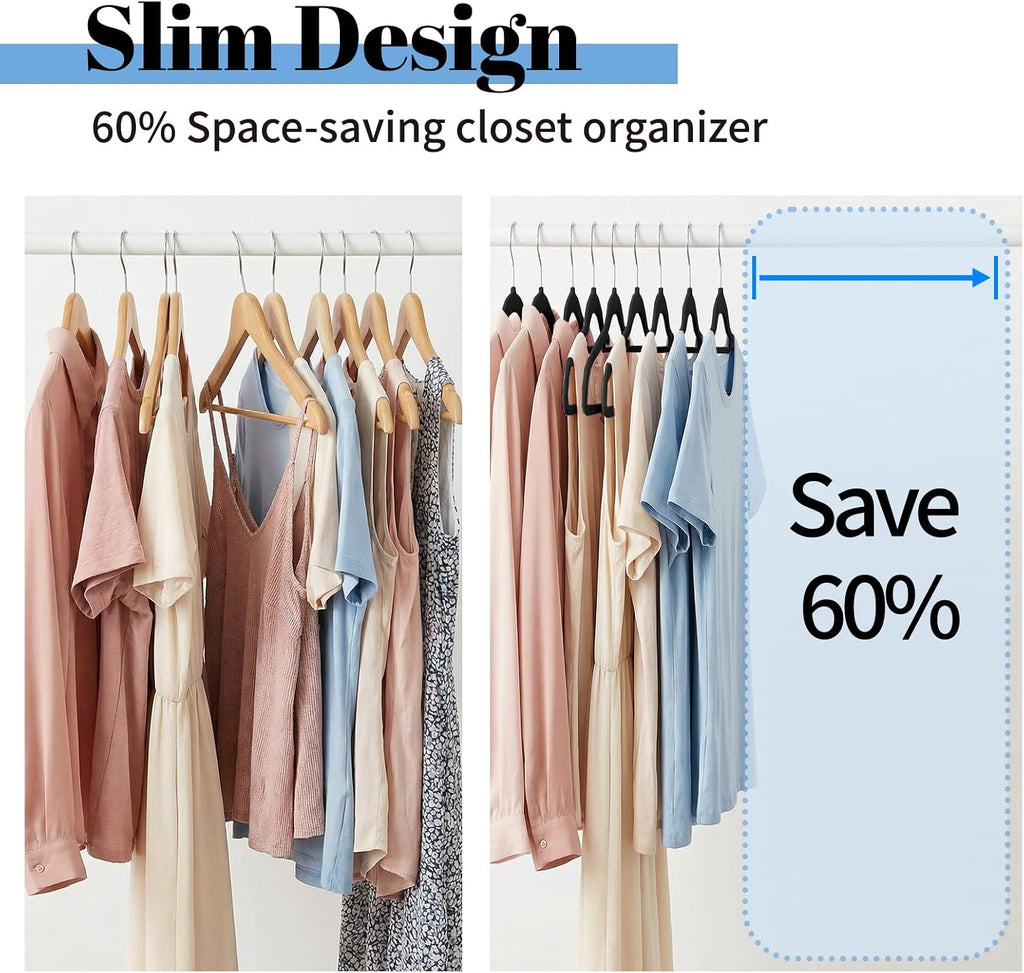 Smartor Black Velvet Hangers 60 Pack, Space Saving Clothes Hangers with Tie Bar, Non-Slip Felt Hanger with Shoulder Notches, Heavy Duty Suit Hanger for Coat, Shirt, Pants, Dress