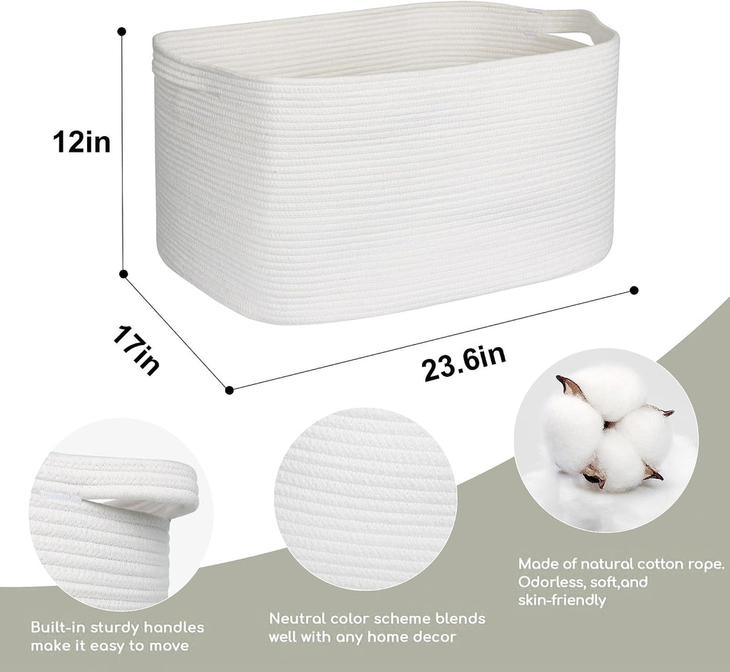 MEGASKET Extra Large White Storage Basket, 23.6" x 17" x 12" Rectangle Blanket Storage for Living Room, White Woven Cotton Rope Basket, Big Kids Toy Box Bin, XXXL Wicker Laundry Baskets for Organizing