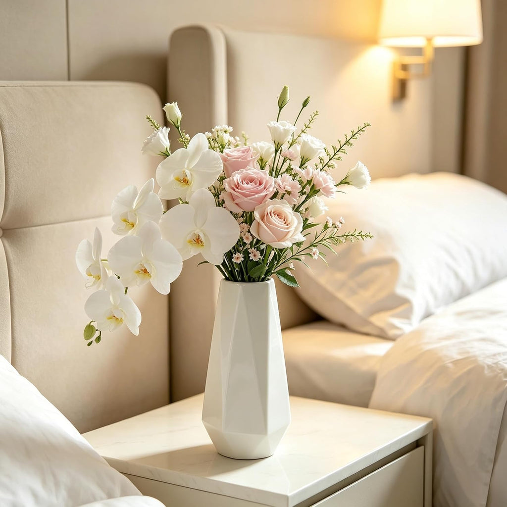 Small White Vase, 7.4 Inch Ceramic Flower Vases Minimalism Style for Modern Table Shelf Centerpiece Home Decor Fit for Housewarming, Weddings, Birthday, Thanksgiving Day, Halloween, Christmas