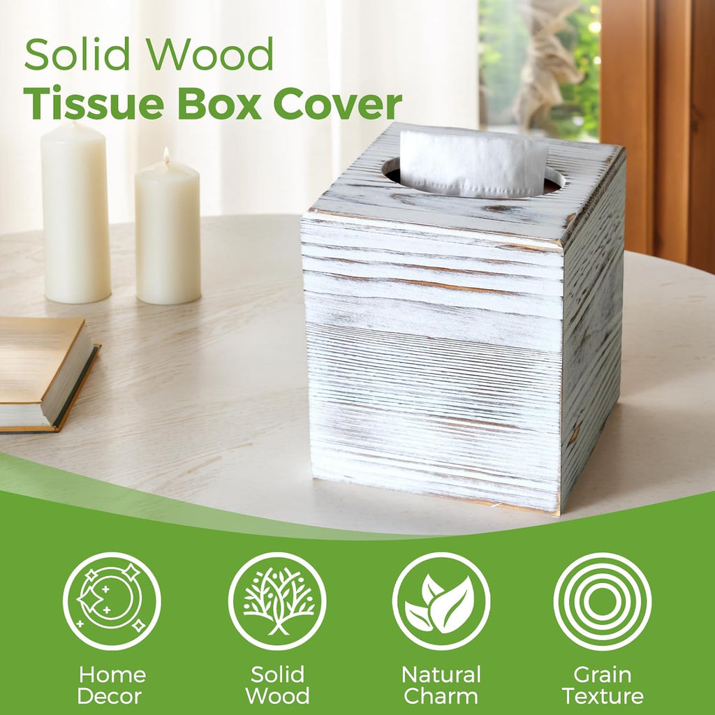 White Wood Tissue Box Cover, Square Wooden Tissue Box Holder for Bathroom