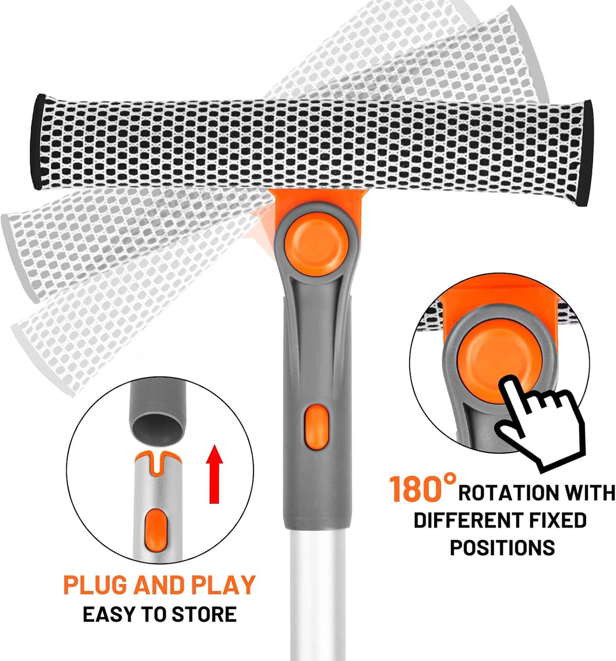 eazer Professional Window Squeegee, 2-in-1 Rotatable Squeegee for Window Cleaning Kit, Window Cleaner Tool, Window Washing Equipment Kit with Extension Pole (20''-30'') for Shower/Windshield