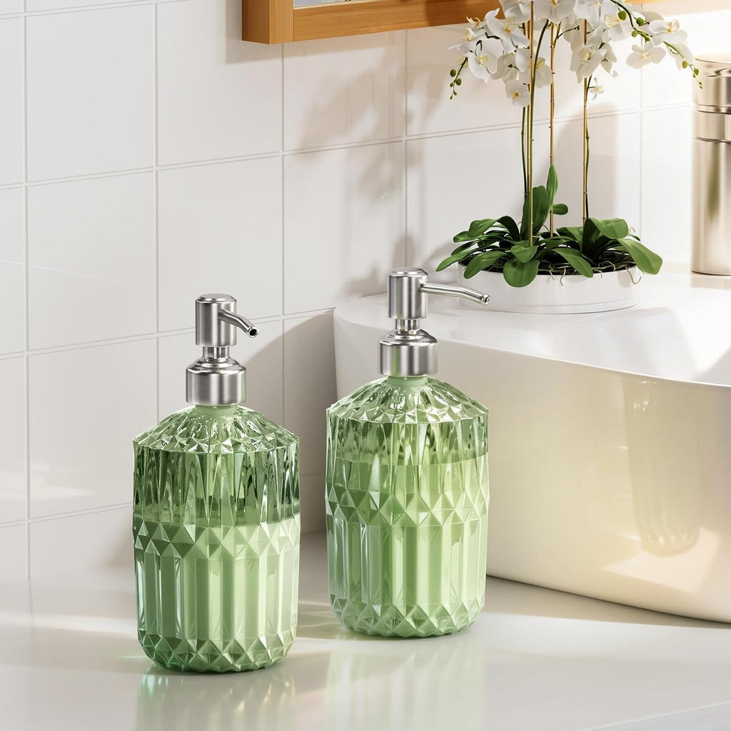 AmazerBath Soap Dispenser, Green Glass Soap Dispenser with Pump Stainless Steel, 14.2OZ Refillable Hand Bottles Bathroom Kitchen, 1 Pack