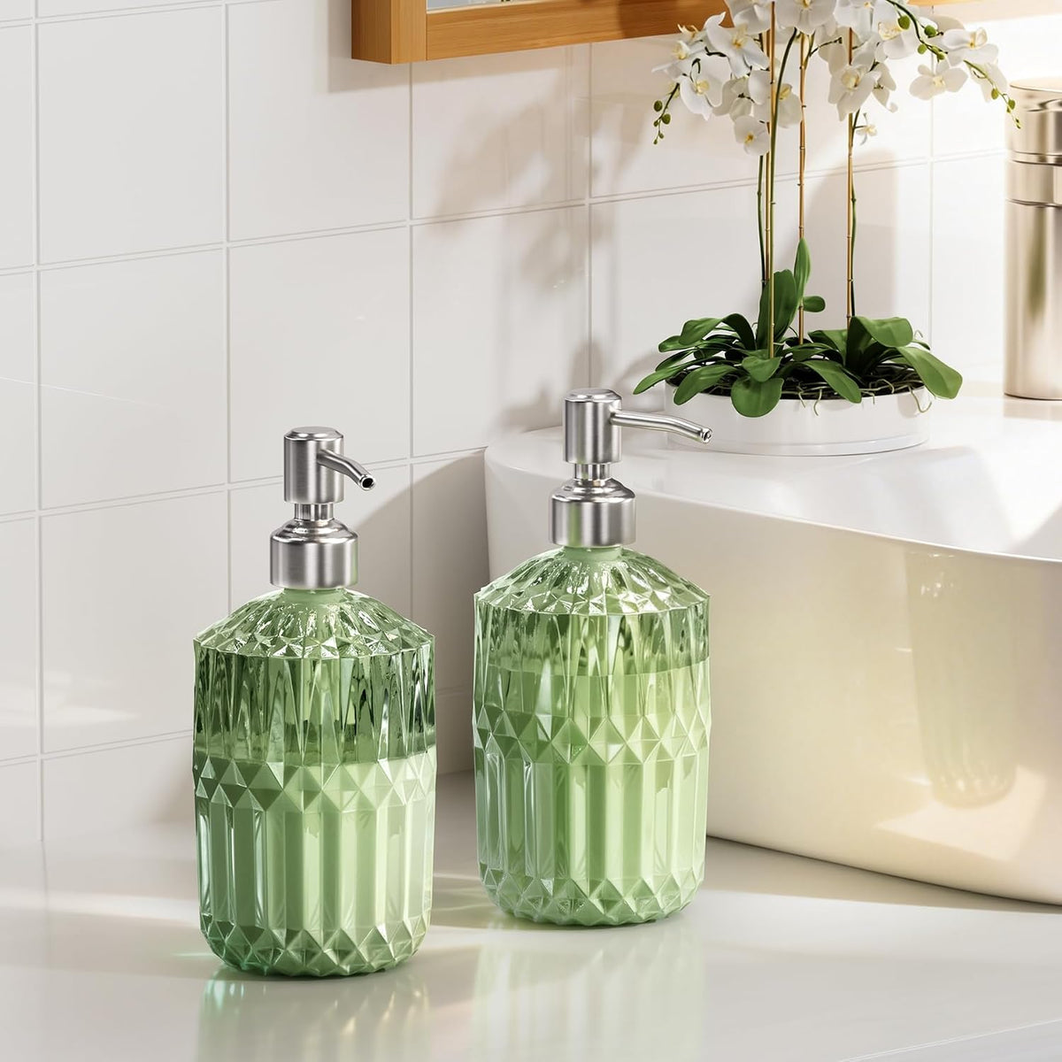 AmazerBath Soap Dispenser, Green Glass Soap Dispenser with Pump Stainless Steel, 14.2OZ Refillable Hand Bottles Bathroom Kitchen, 1 Pack