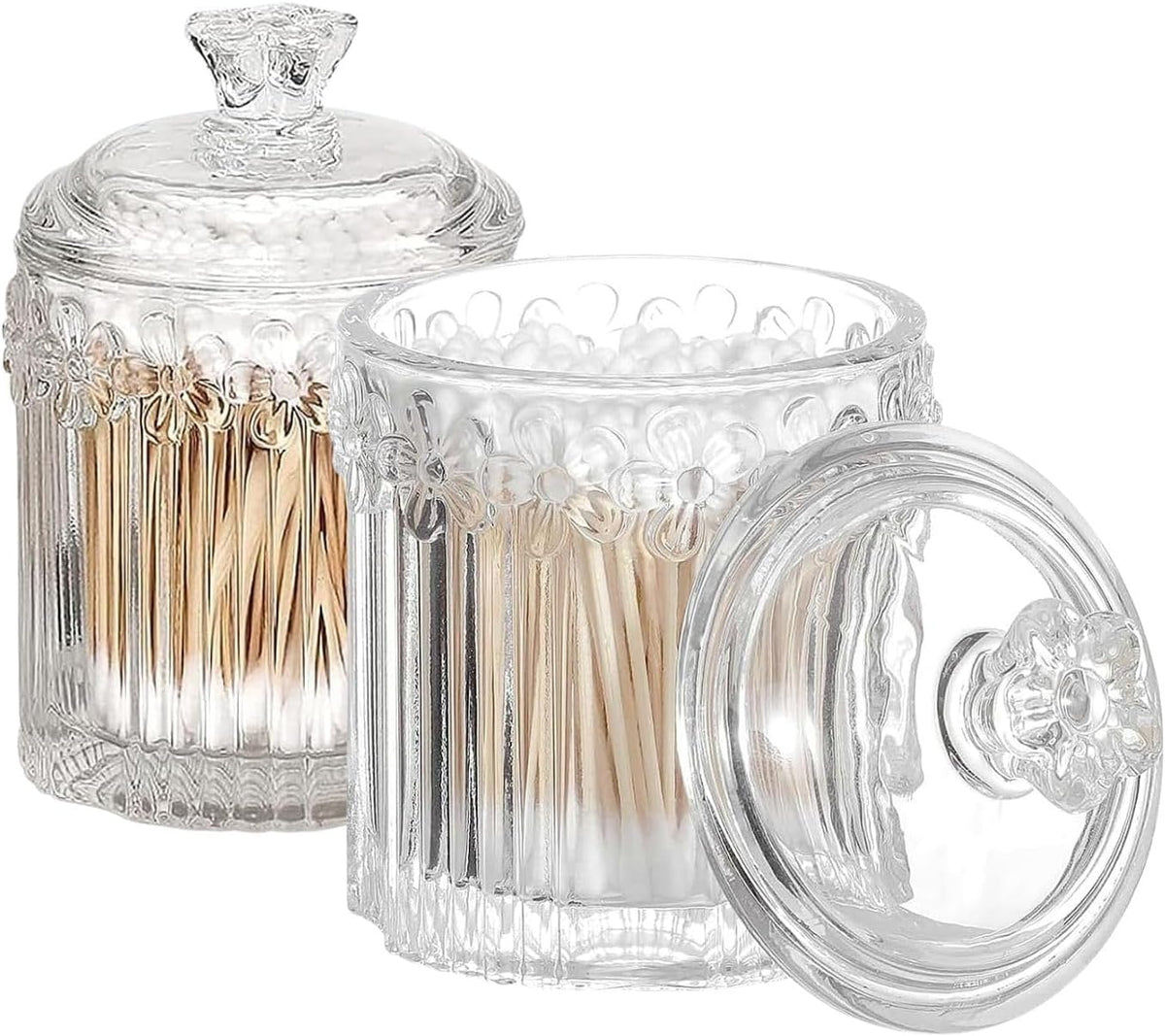 2 Pack Qtip Holder Thick Glass Apothecary Jars with Lid for Bathroom, Cotton Swab and Round Organizer, Vanity Storage Canisters for Makeup Pads, Floss (Transparent)