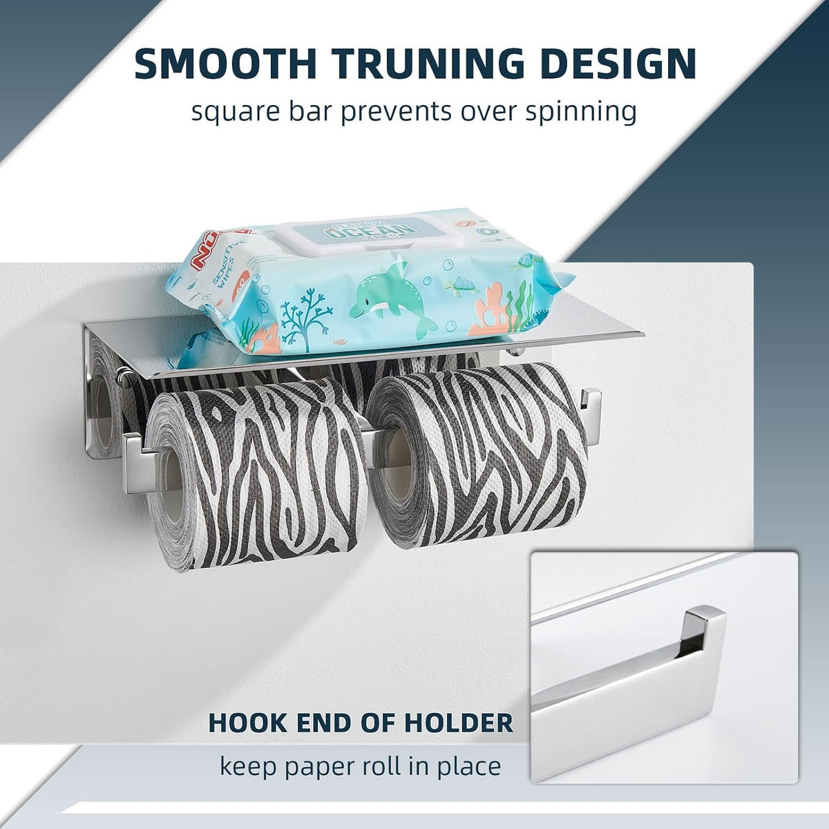 Angle Simple Double Toilet Paper Holder with Shelf, Polished Chrome
