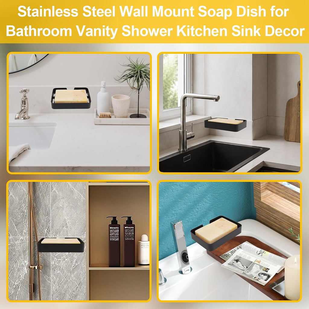 Soap Dish Stainless Steel Black Soap Dish Holder Wall Mounted Shower Soap Holder with Screws, Sturdy Soap Dish for Bar Soap Stylish Soap Dish Holder for Shower Bathroom Kitchen Sink Tub