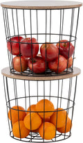IRIS USA Round Wire Basket with Wooden Lid, 2 Pack