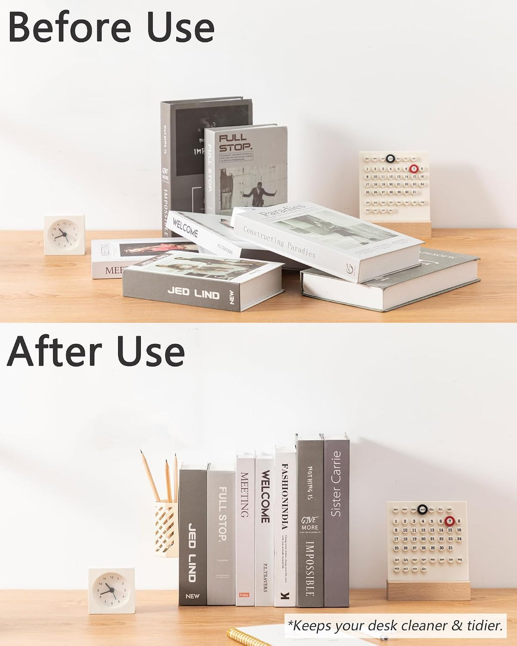 Kingsmile Book Ends, Adjustable Heavy Duty Metal Book Stoppers with Pen Holder for Desk Office Library Kids Room(Light Beige)