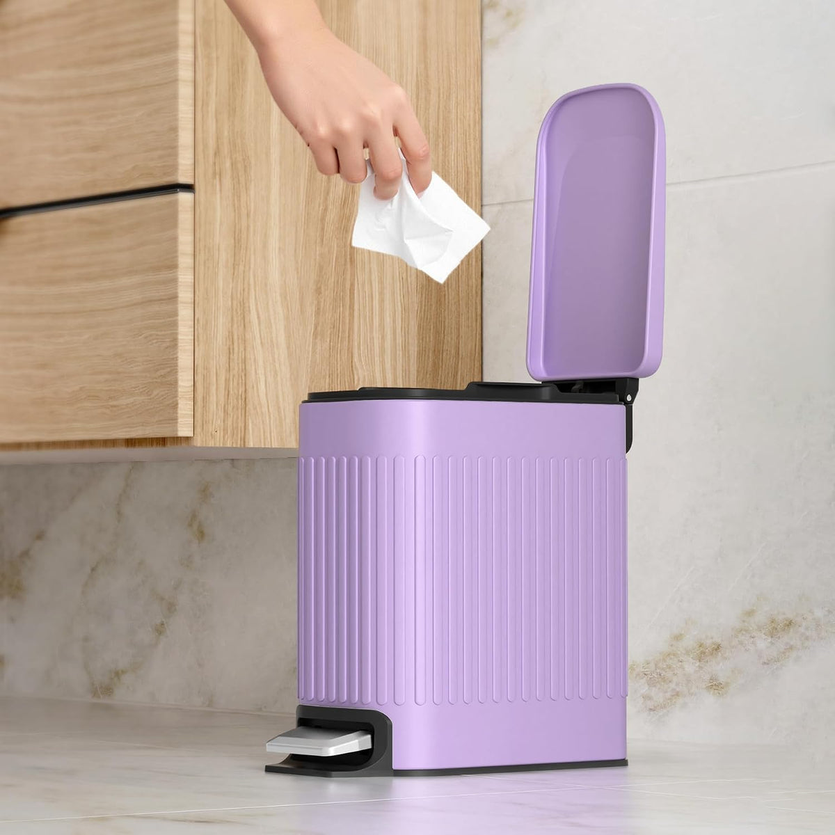 TrashAid 1.6Gal Slim Bathroom Trash Can with Lid Soft Close & Pedal, Purple