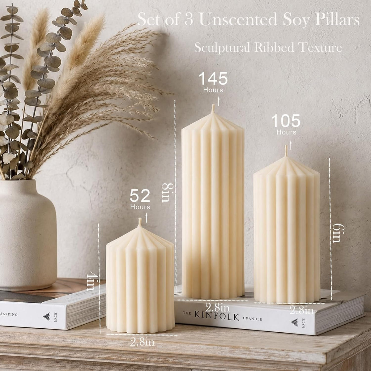 Cream White Ribbed Decorative Pillar Candles, 3 Pack,2.8 x 4/6/8 in,Soy Wax