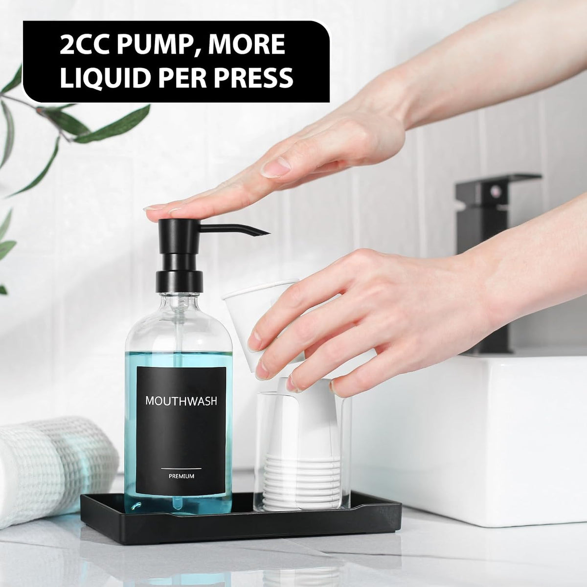 Mouthwash Dispenser for Bathroom, Glass Mouth Wash Pump Dispenser with Cup Holder, 17 Fl Oz Mouthwash Bottle Decanter with Tray, Refillable Mouthwash Dispenser Container