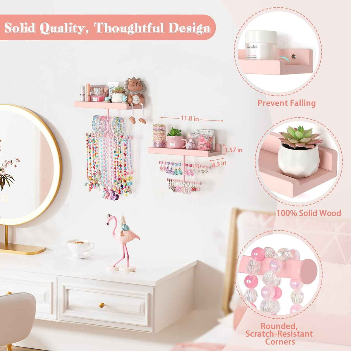 Keebofly Jewelry Organizer Wall Mounted Hanging with Wooden Shelf for Kids, Girls, Teens, Jewelry Holder Storage Display for Earring, Necklace, Bracelet, Bow, Pink, (Patented)