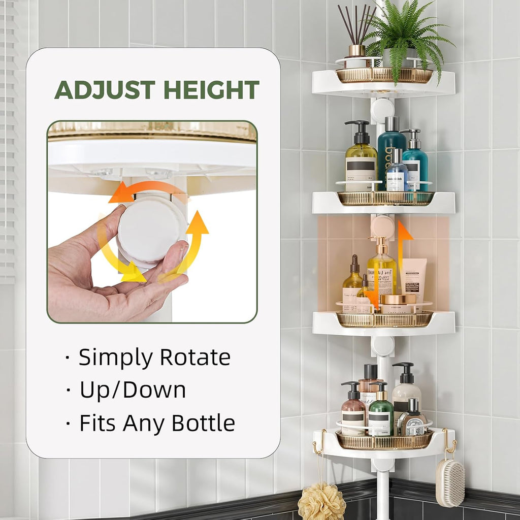 akinbas 360° Rotating Shower Caddy Tension Pole with 4-Tier Rustproof Lazy Susan 35-128 Inch No Drilling Coner Shelves Adjustable Shower Rack for Bathroom Bathtub Washbasin Plant Storage (White+Gold)