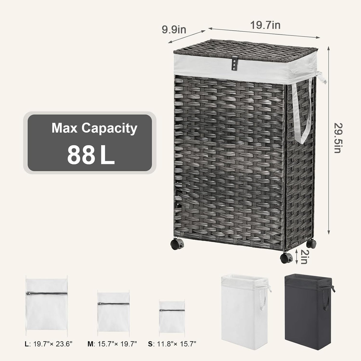 88L Slim Laundry Hamper with Wheels, 23.3 Gallon Rolling Laundry Basket with Lid, Tall and Narrow Laundry Hamper with 2 Removable Liner & 3 Mesh Bags, Laundry Sorter for Bathroom, Grey