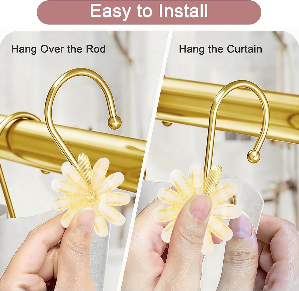 Shower Curtain Hooks, Rust Resistant Cute Daisy Metal Decorative Shower Rings Hangers Set of 12 for Bathroom Curtains,Clothing, Towels (Gold White)