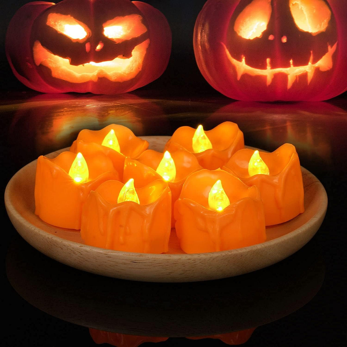 Halloween 12 Pack Orange Tea Lights, Small Dripping Candles, Battery Operated LED Tealights, Mini Pumpkins Lights with Warm White Bulb, Flameless, Electric Fake Tea Candles Realistic for Halloween