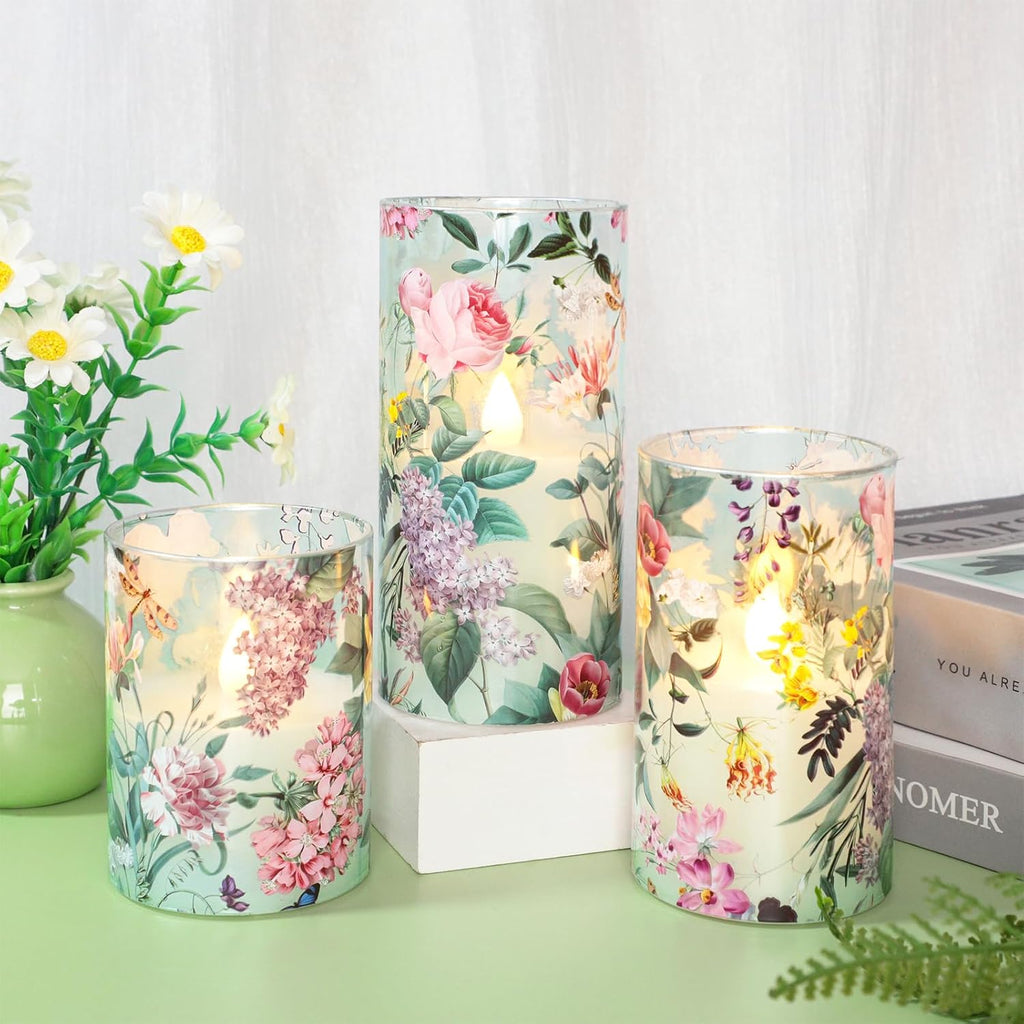 Glass Flameless Candles with Remote Timer Floral Battery Operated LED Flickering Blue Pillar Candle Real Wax Spring Summer Garden Dinner Christmas Holiday Farmhouse Decor D3 x H4, 5", 6"