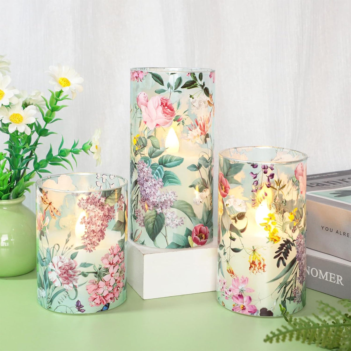 Glass Flameless Candles with Remote Timer Floral Battery Operated LED Flickering Blue Pillar Candle Real Wax Spring Summer Garden Dinner Christmas Holiday Farmhouse Decor D3 x H4, 5", 6"