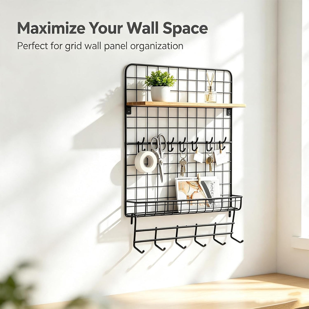 4 Pack Metal Grid Wall Hanging Hooks, Grid Wall Accessories, Heavy Duty Storage Hooks Rack for Door Back Wall Mount Storage and Display, Hook Attachment for Wire Shelving (4 x Hanging Hooks（Black）)