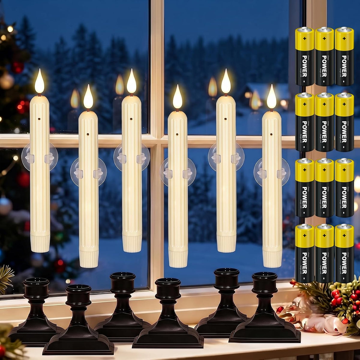 Christmas Window Flameless Taper Candles Sensor Dusk to Dawn(12AA Include)