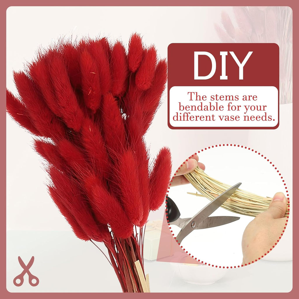PATIKIL 15.7in Bunny Tails Dried Flowers, 120pcs Pampas Grass Decor Rabbit Tail Natural Pampas Grass Bulk Fluffy Faux Pampas Grass Dried for Home Boho Decor Vase Wedding Table, Red