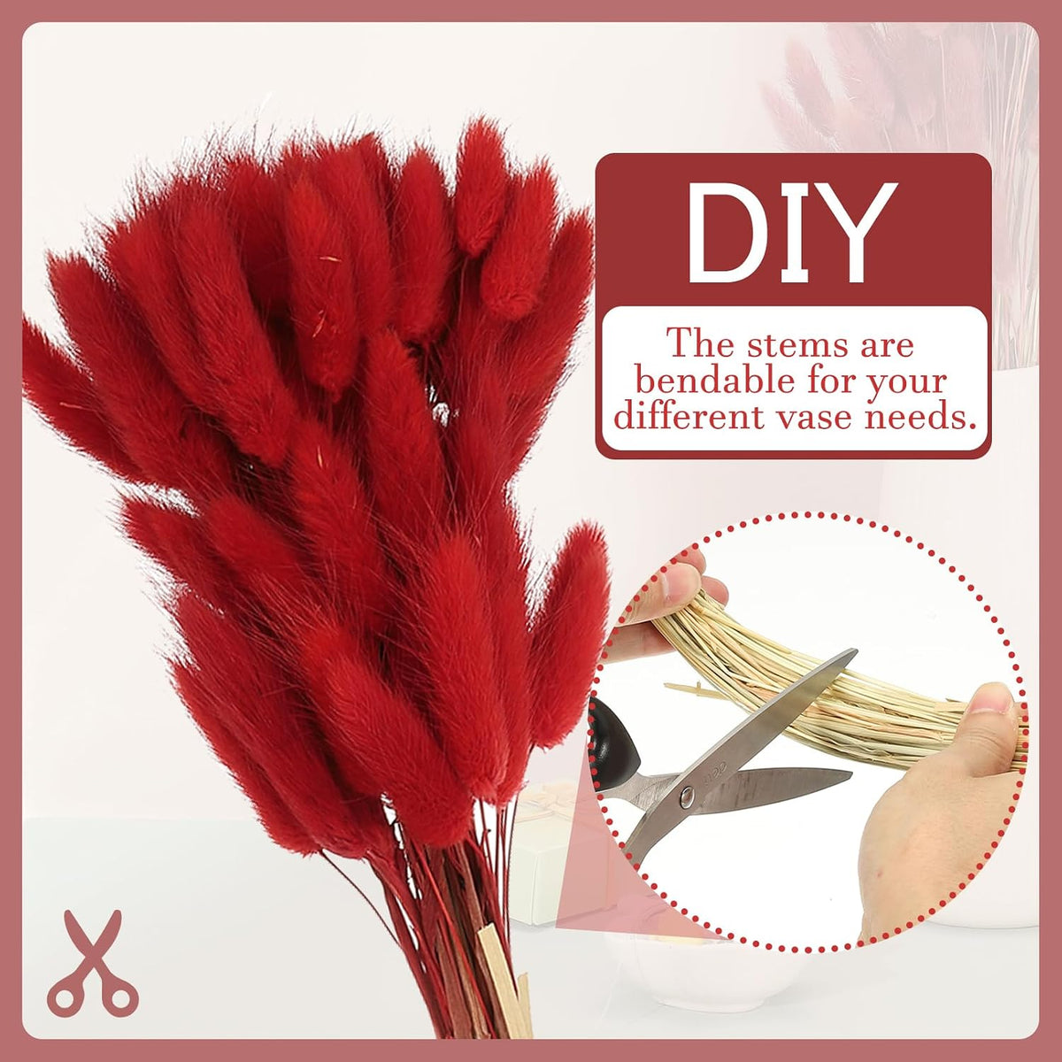 PATIKIL 15.7in Bunny Tails Dried Flowers, 120pcs Pampas Grass Decor Rabbit Tail Natural Pampas Grass Bulk Fluffy Faux Pampas Grass Dried for Home Boho Decor Vase Wedding Table, Red