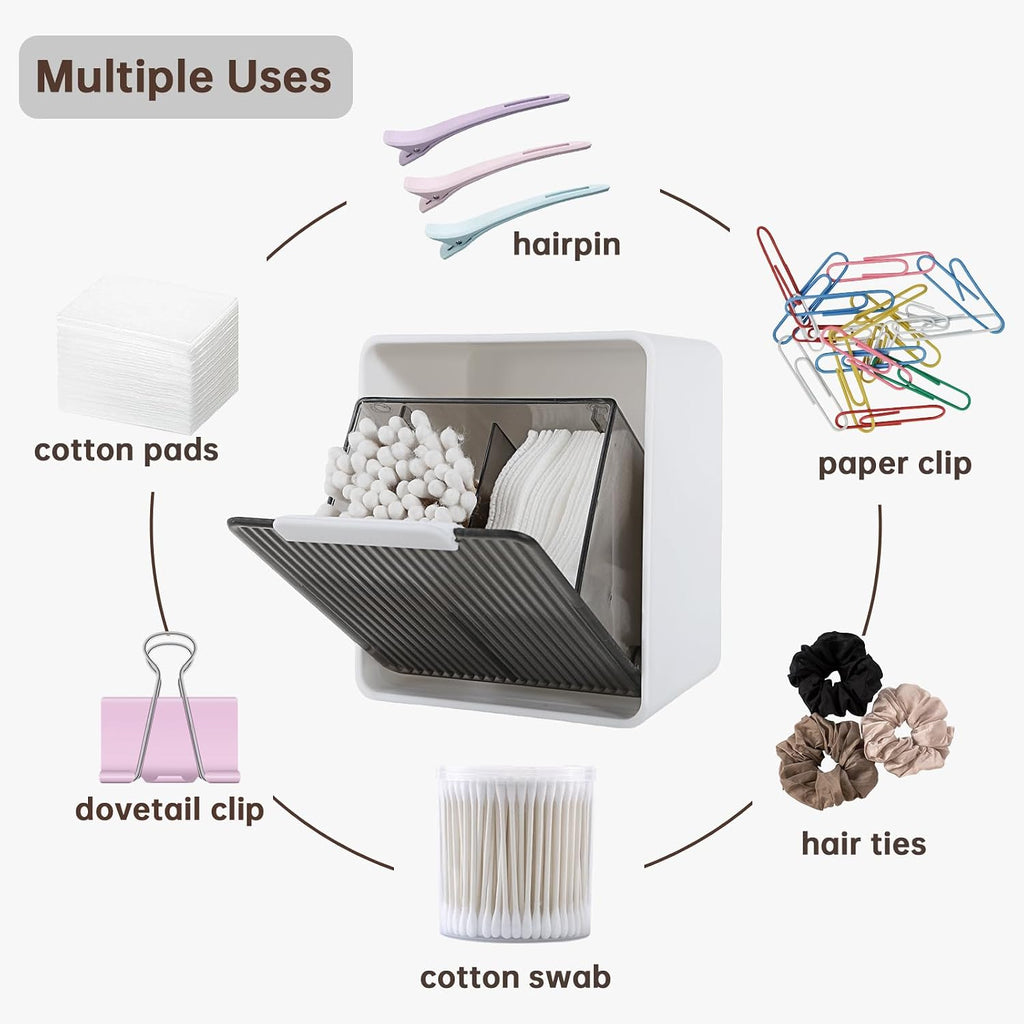 DASITON Wall Mounted Qtip Holder, Cotton Swab Storage Box with Lid, Bathroom Canister Organizer for Cotton Swabs, Balls, Pads, Floss Picks, Waterproof Bathroom Storage Container for Vanity (Grey S)