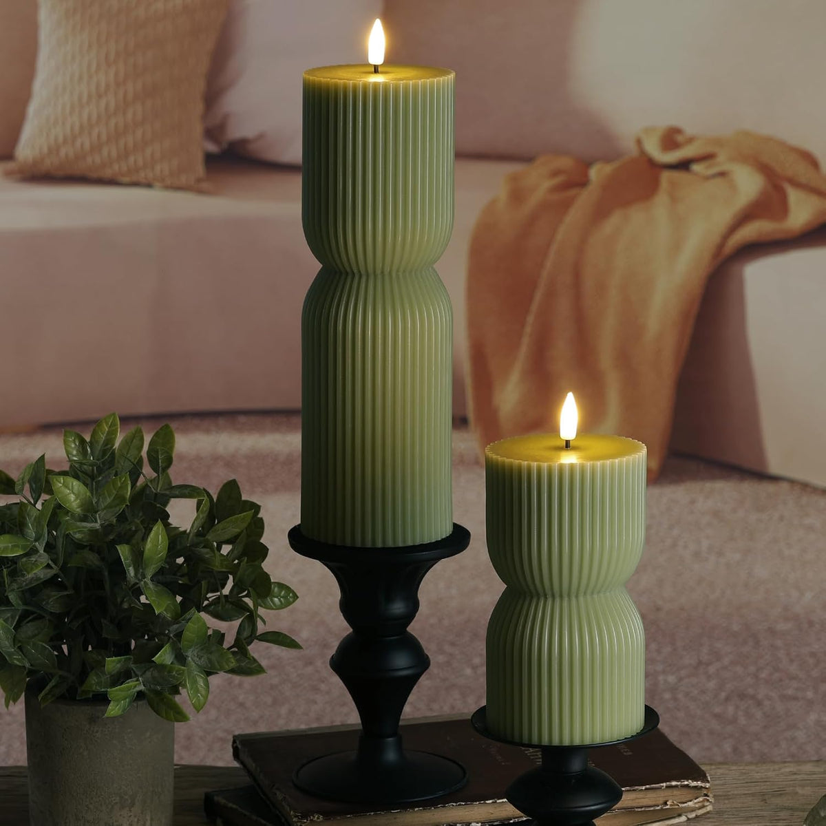 Olive Green Ribbed Flameless Pillar Candles with Remote Set of 2
