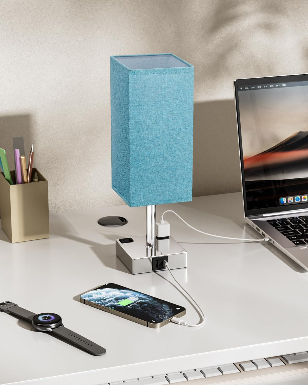 Turquoise Touch Table Lamp for Bedroom - Dimmable, USB C+A, 2 AC Outlets